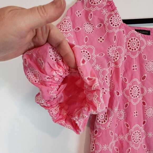 Talbots Puff Sleeve Pink Embroidered Eyelet Dress Shift Dress Preppy Boho sz‎ 6 - Picture 4 of 13